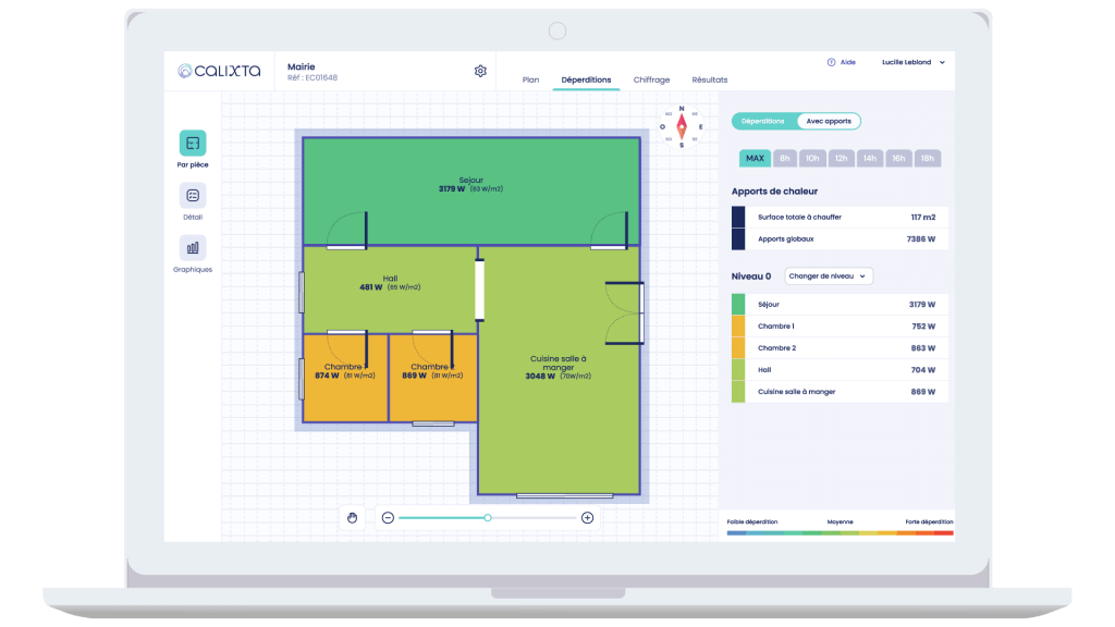 Déperditions thermiques par pièce calculés par le logiciel Calixta